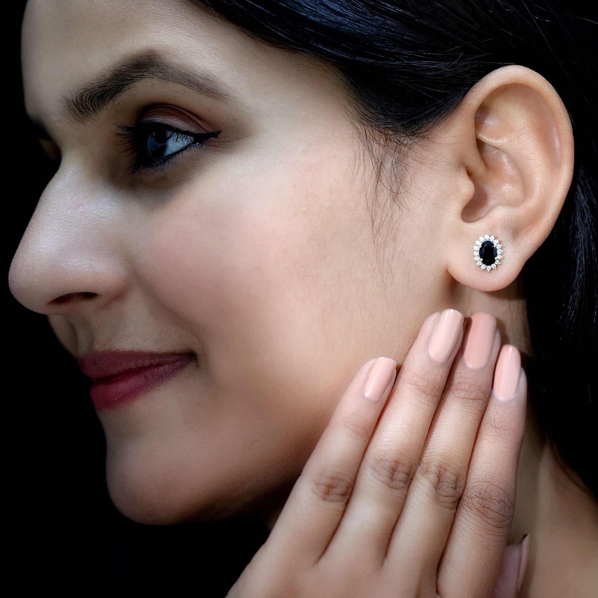 Oval Shaped Black and White Diamond Stud Earrings in Silver