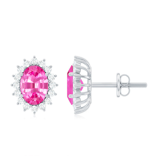 Lab Created Pink Sapphire Moissanite Halo Stud Earrings
