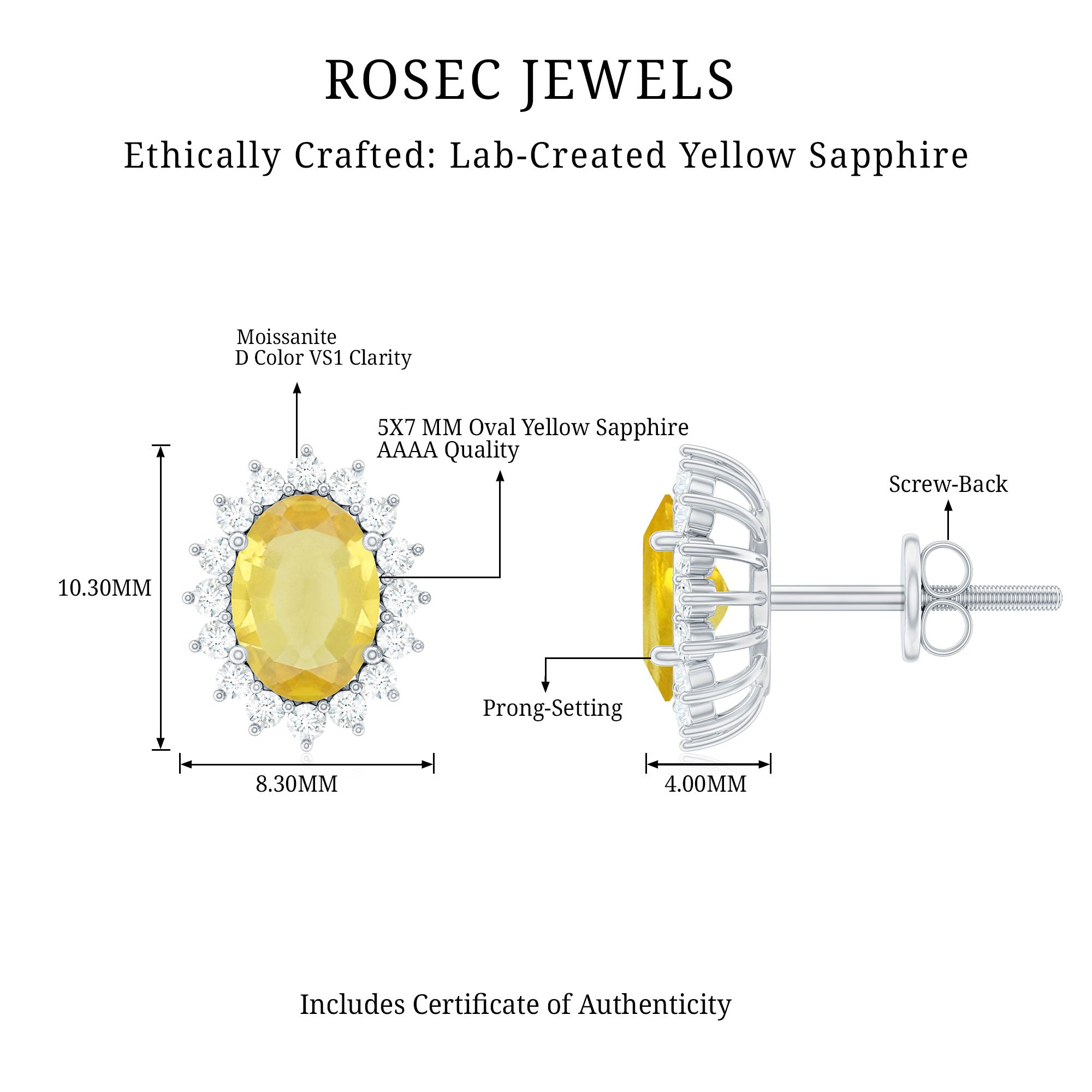 Oval Cut Lab Grown Yellow Sapphire and Moissanite Stud Earrings
