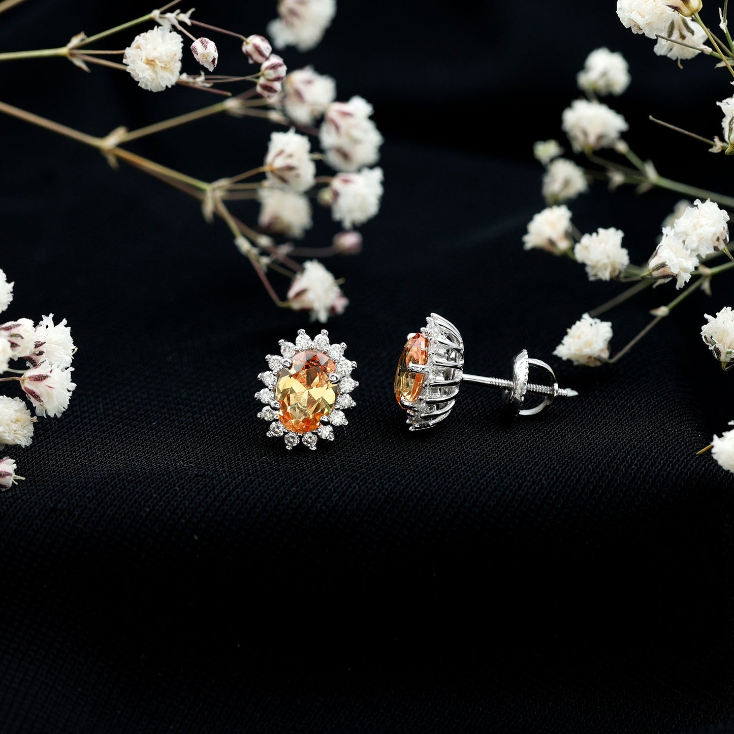 Oval Cut Lab Grown Yellow Sapphire and Moissanite Stud Earrings