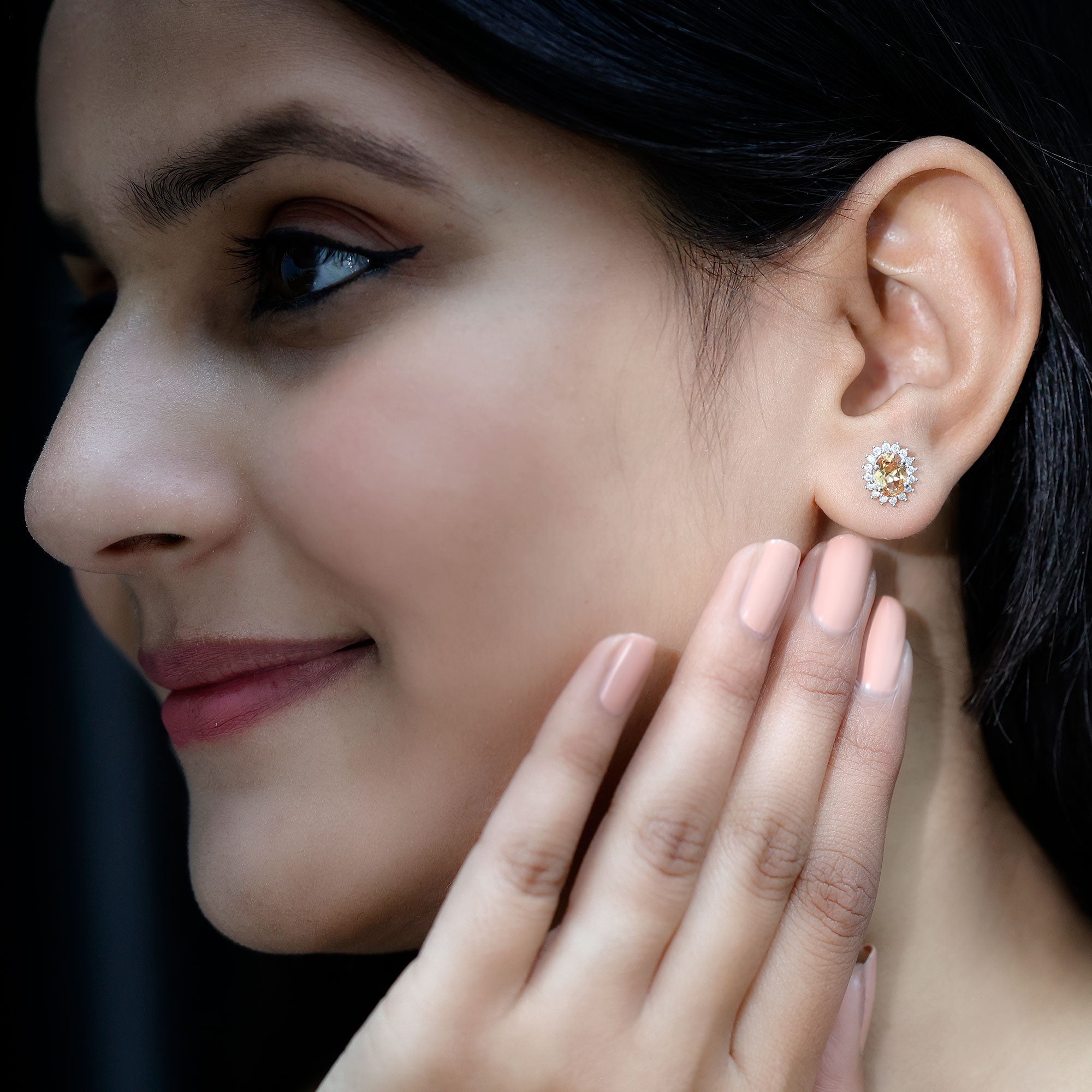 Oval Cut Lab Grown Yellow Sapphire and Moissanite Stud Earrings