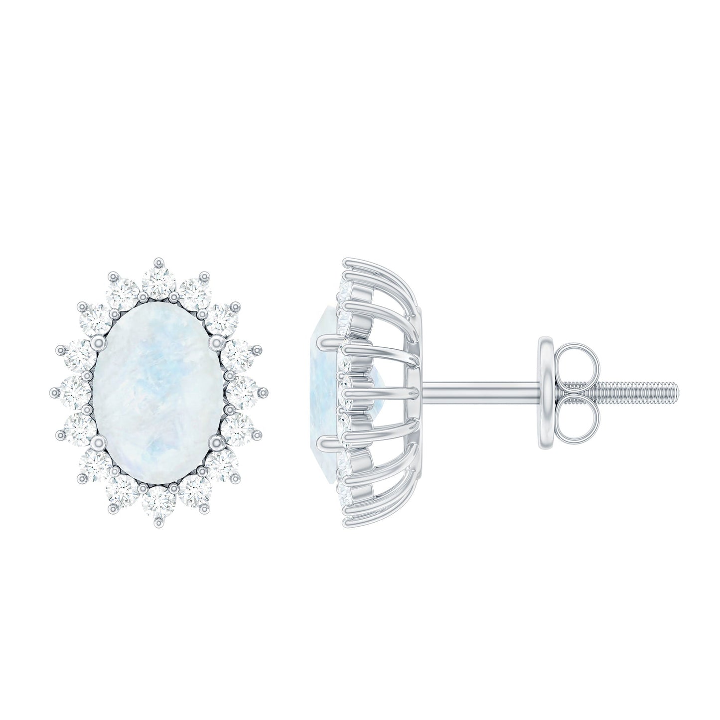 Genuine 5X7 MM Moonstone and Diamond Halo Stud Earrings