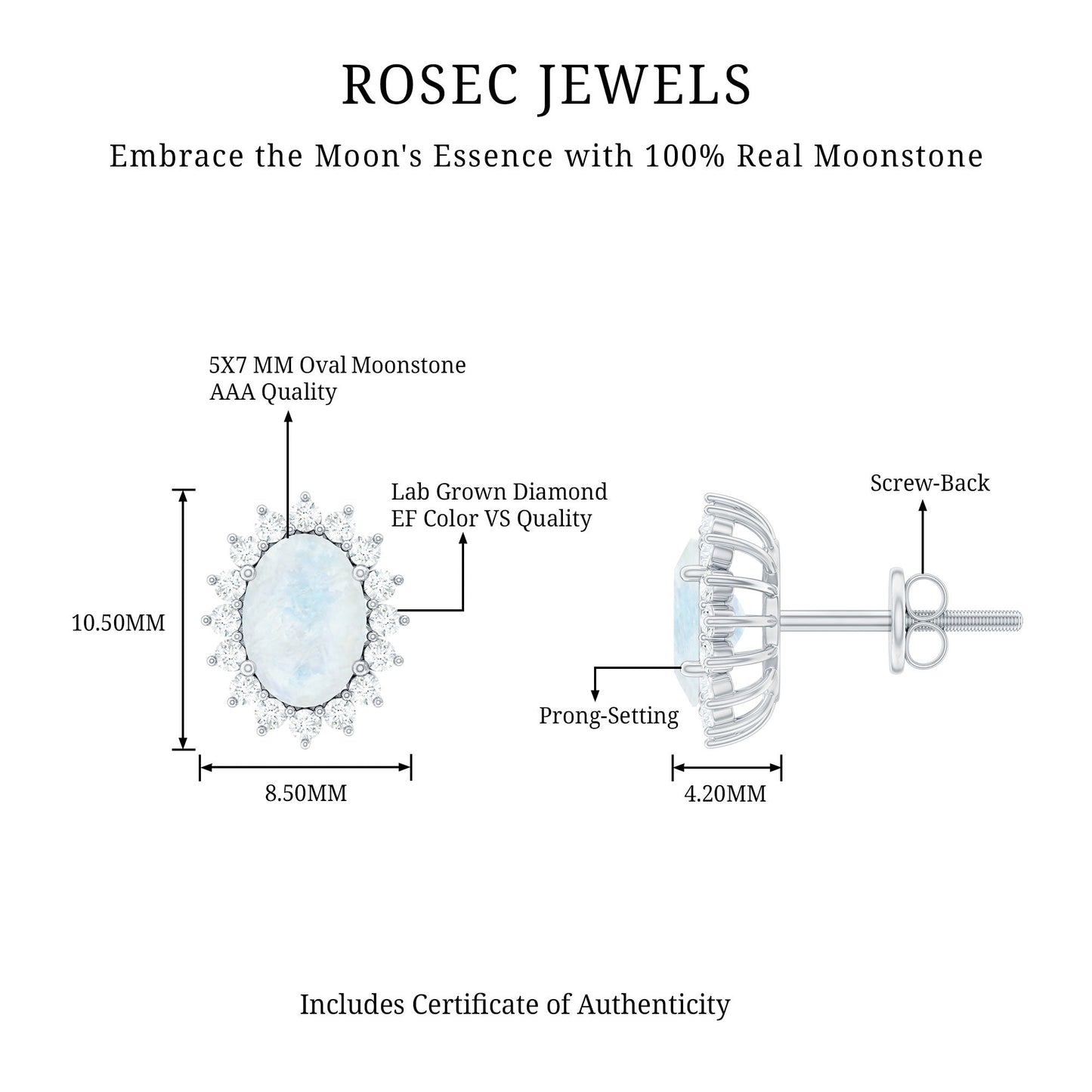 Genuine 5X7 MM Moonstone and Diamond Halo Stud Earrings