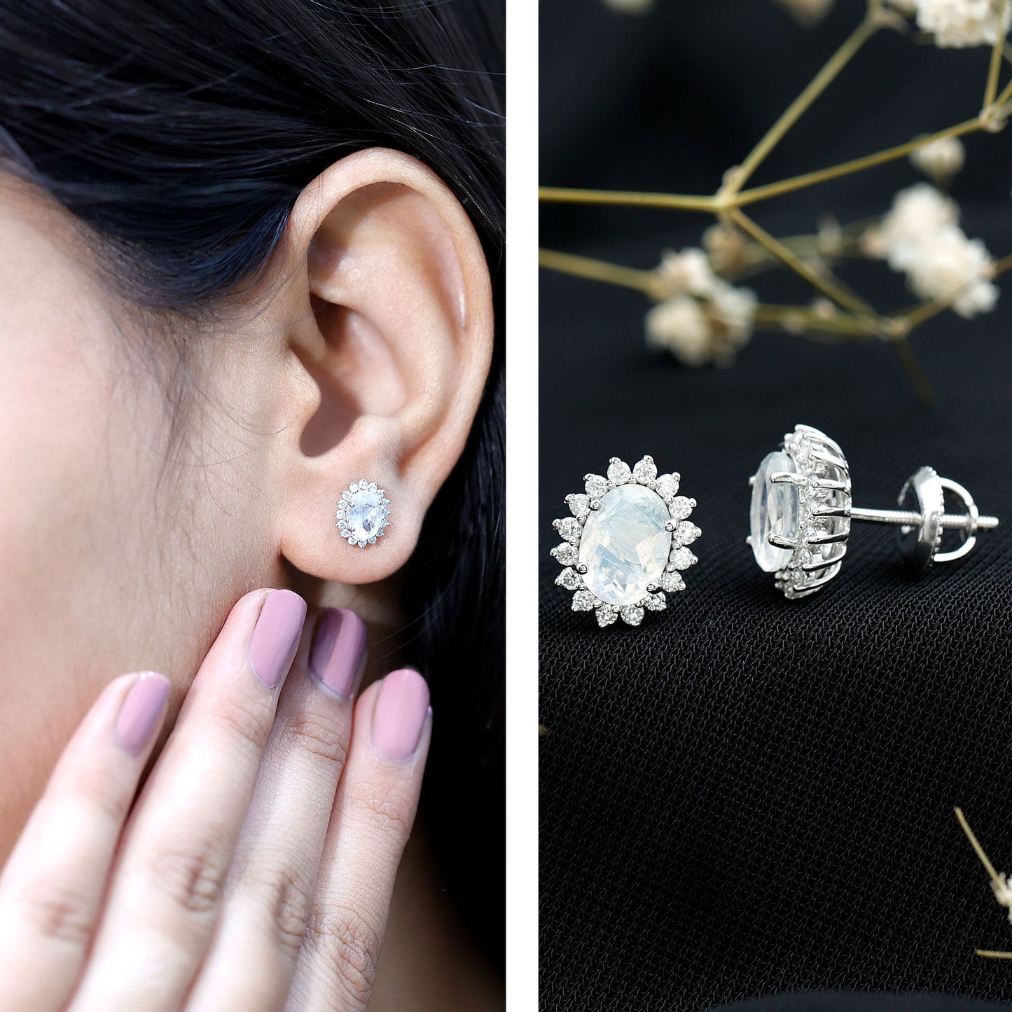 Genuine 5X7 MM Moonstone and Diamond Halo Stud Earrings