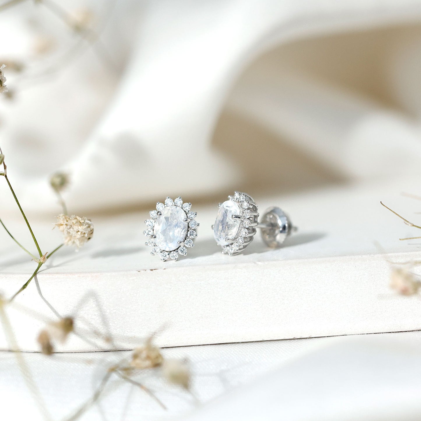 Genuine 5X7 MM Moonstone and Diamond Halo Stud Earrings