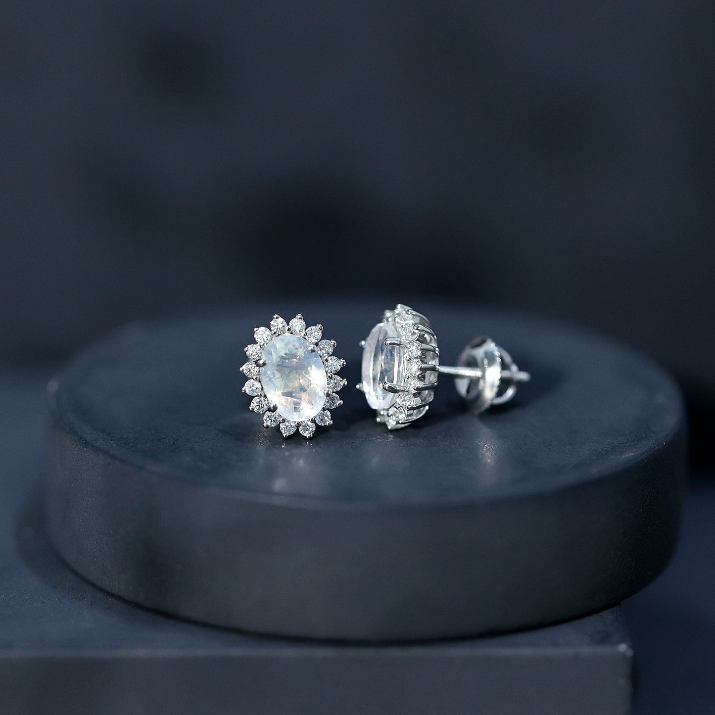 Genuine 5X7 MM Moonstone and Diamond Halo Stud Earrings