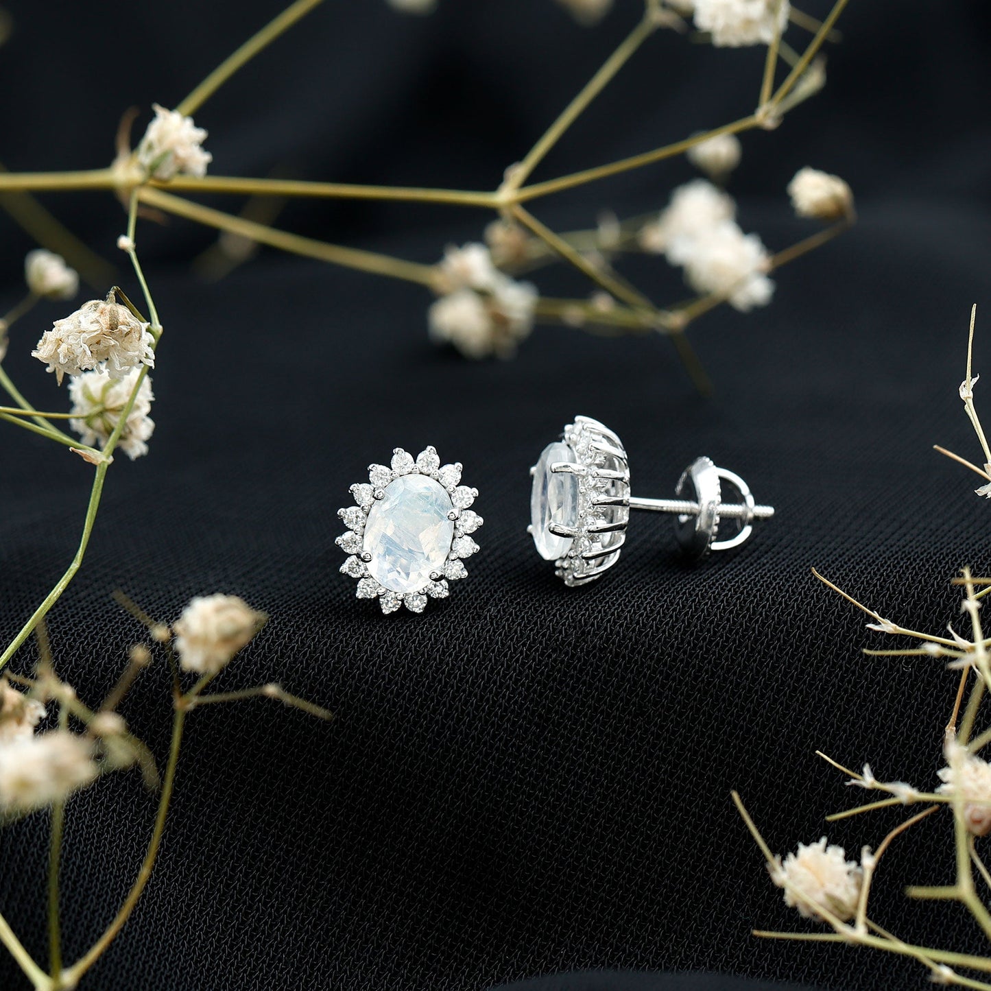 Genuine 5X7 MM Moonstone and Diamond Halo Stud Earrings