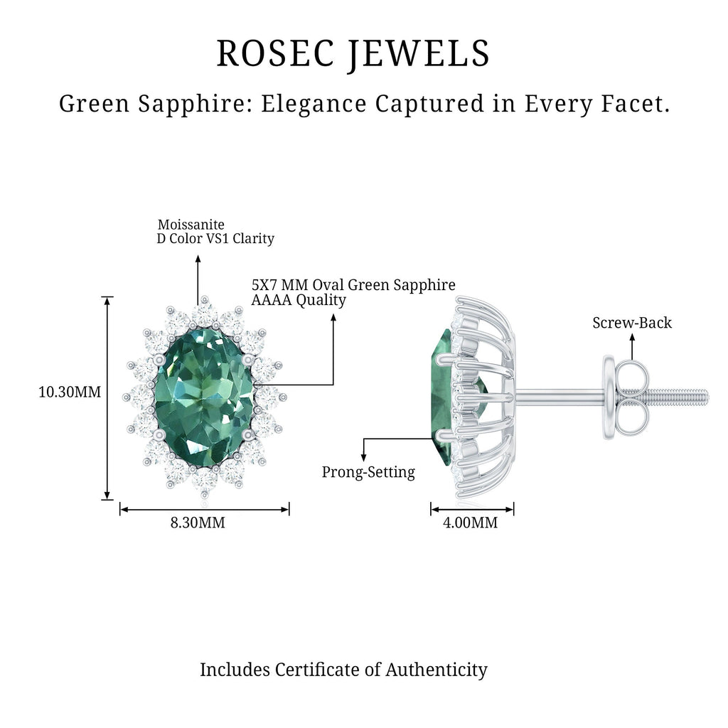 Lab Grown Green Sapphire Stud Earrings with Moissanite Halo