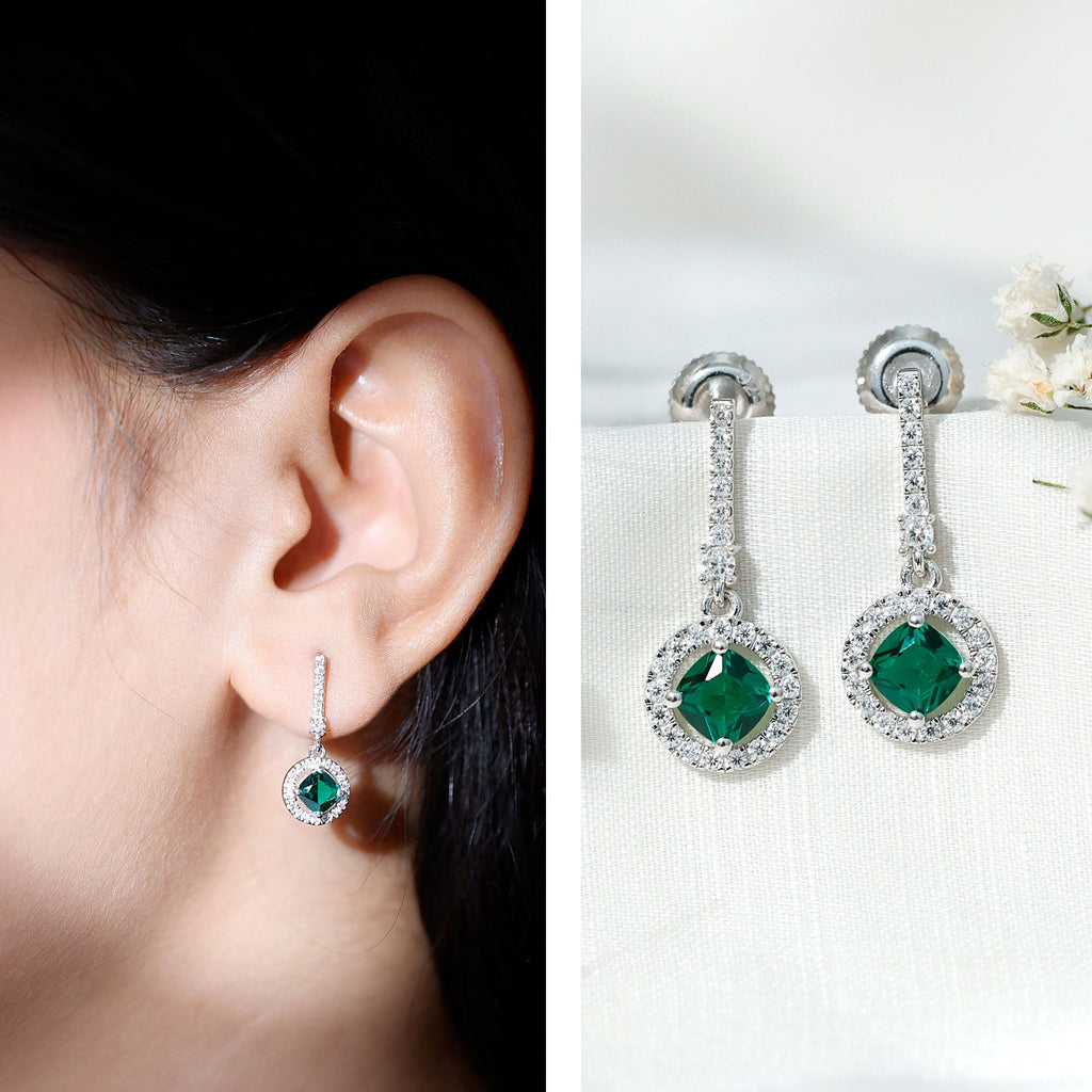 Lab Created 6 MM Emerald Moissanite Drop Dangle Earrings in Silver