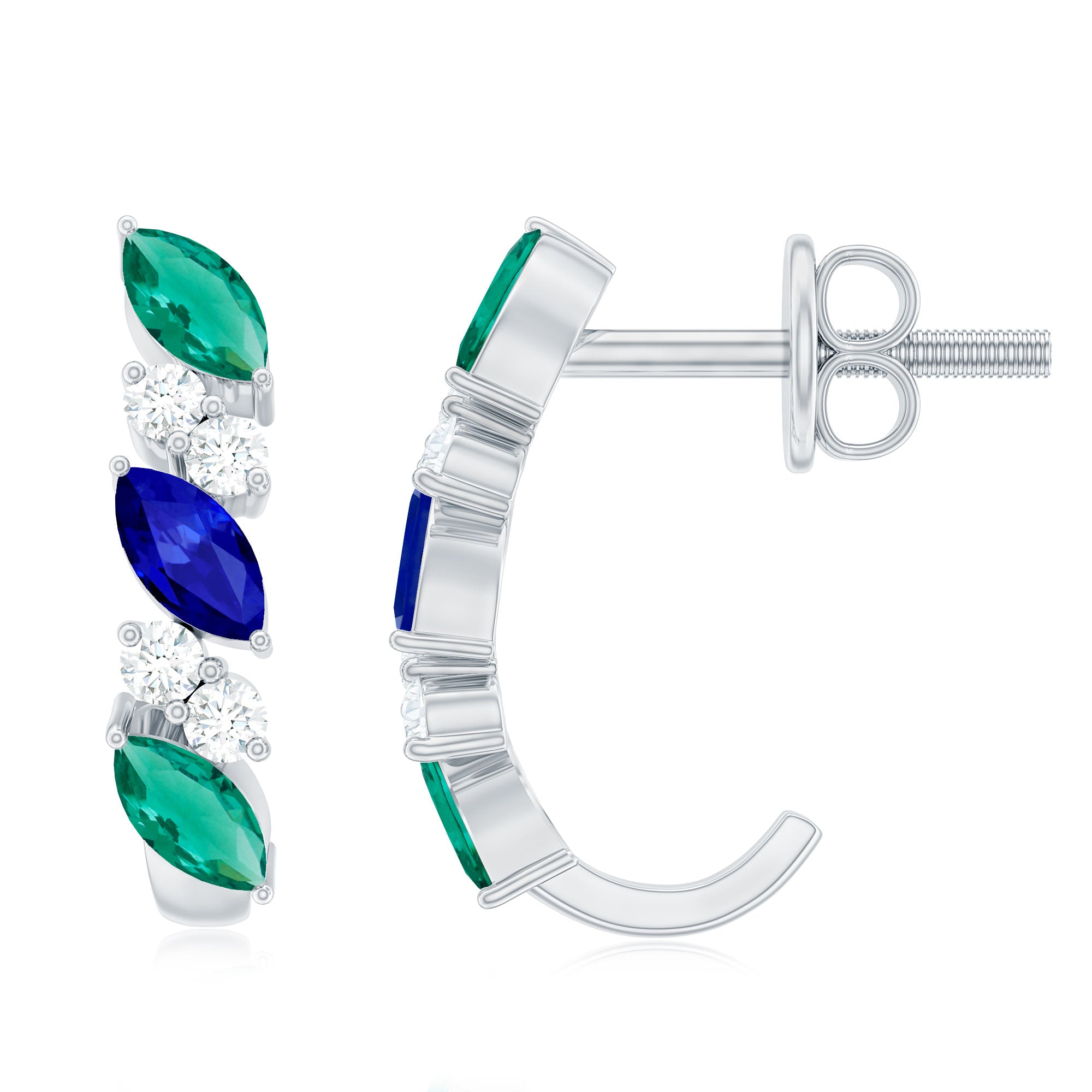 Certified Multi Gemstone J Hoop Earrings with Screw Backs