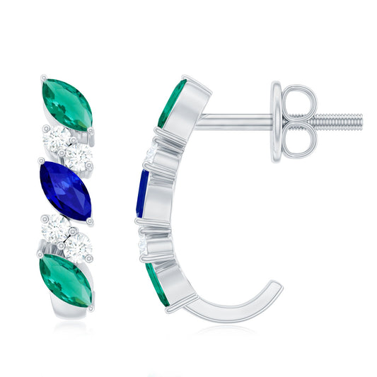 Certified Multi Gemstone J Hoop Earrings with Screw Backs