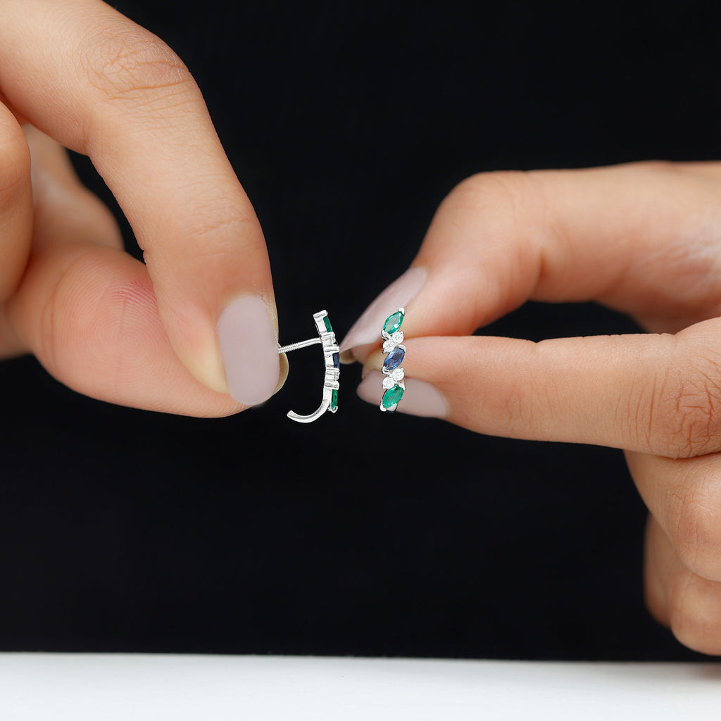 Certified Multi Gemstone J Hoop Earrings with Screw Backs