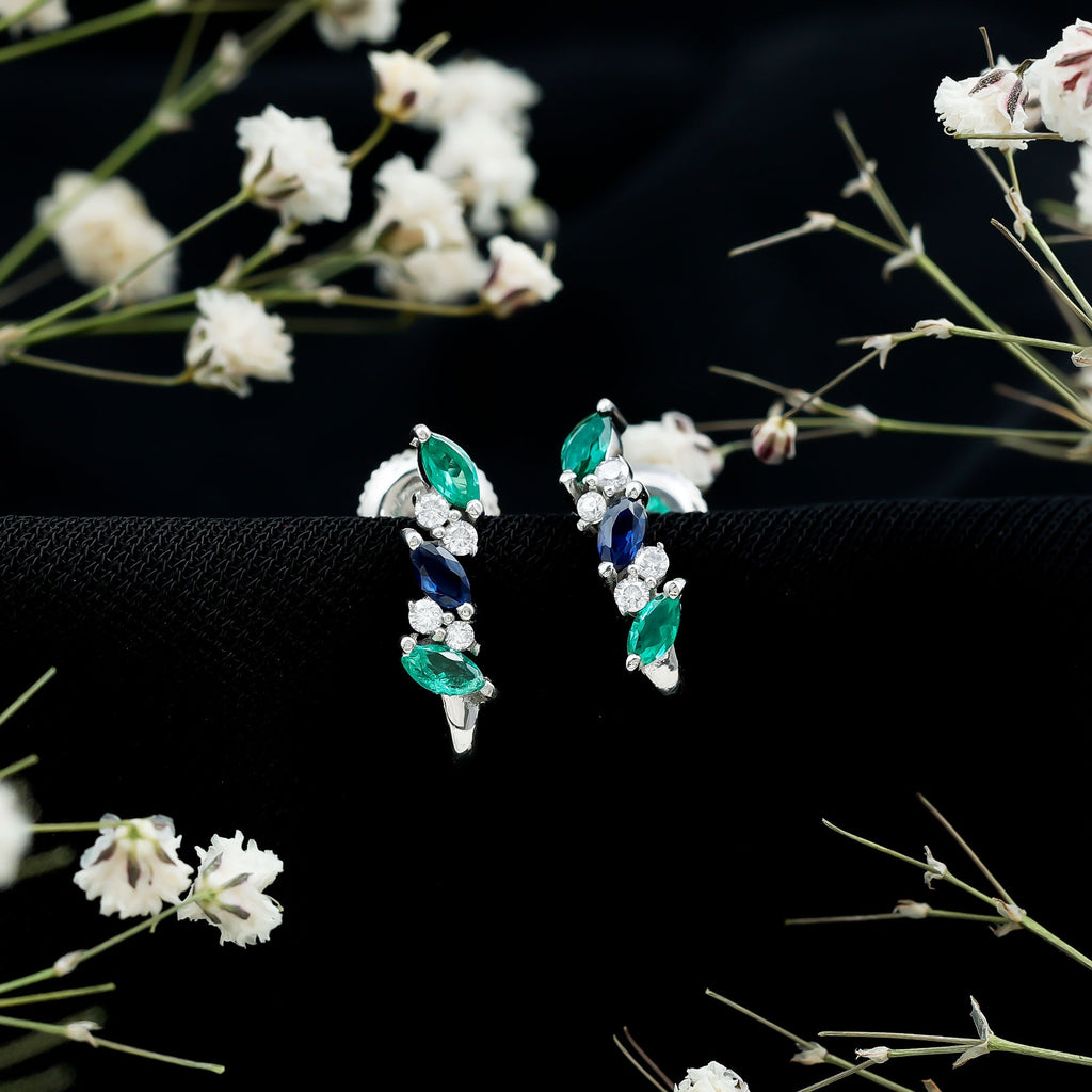 Certified Multi Gemstone J Hoop Earrings with Screw Backs