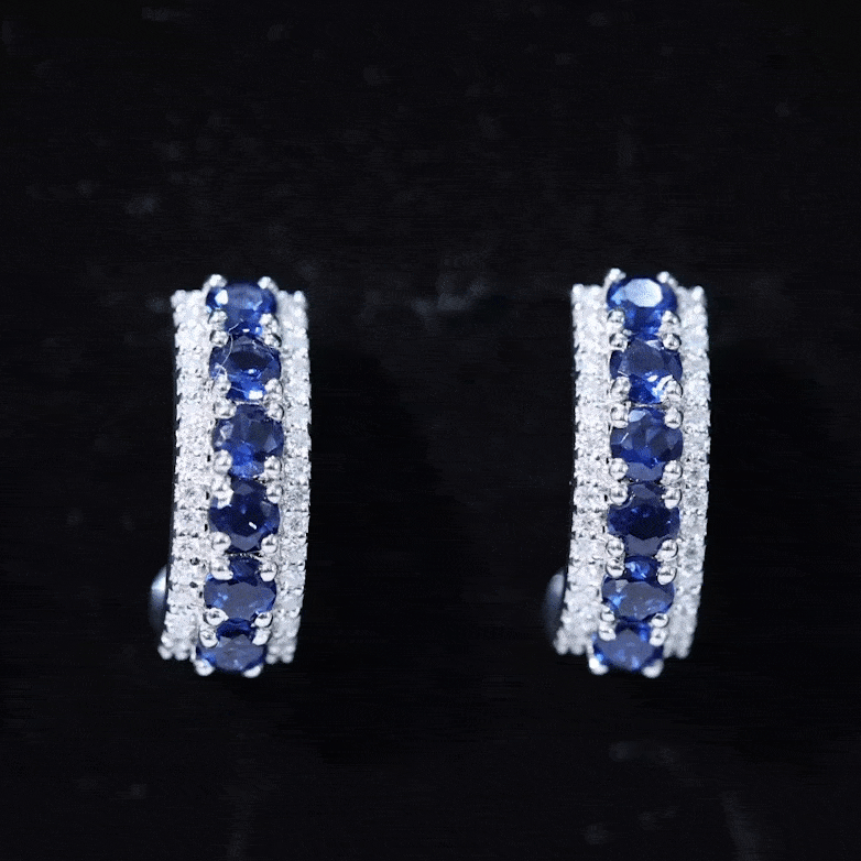 Lab Grown Blue Sapphire Half Hoop Earrings with Moissanite