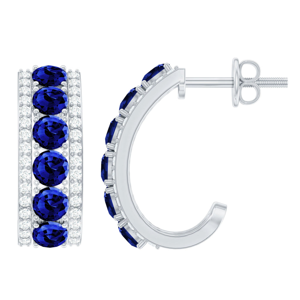 Lab Grown Blue Sapphire Half Hoop Earrings with Moissanite