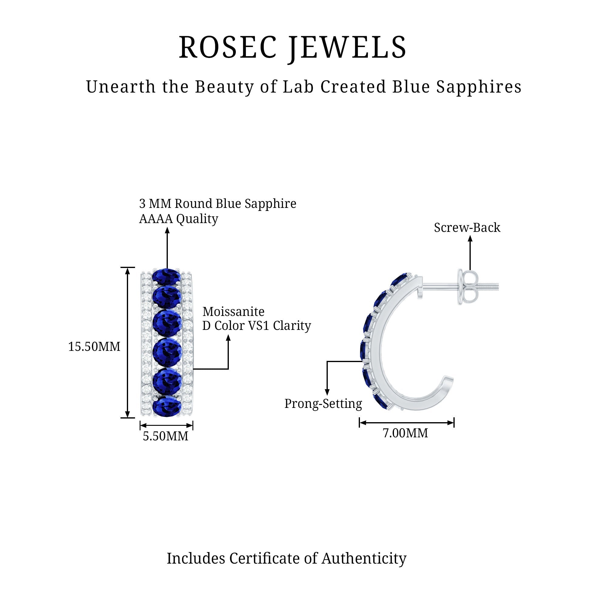 Lab Grown Blue Sapphire Half Hoop Earrings with Moissanite