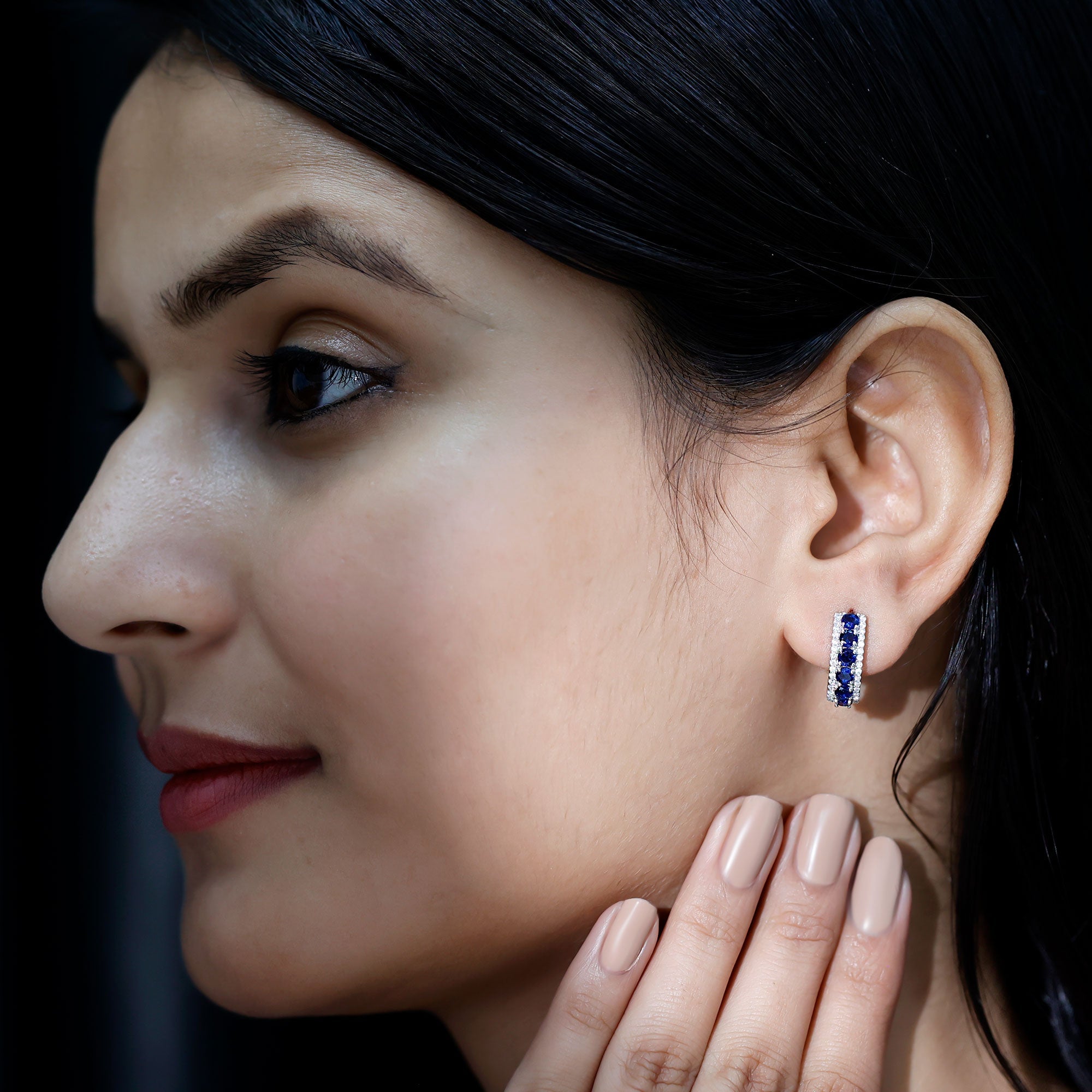 Lab Grown Blue Sapphire Half Hoop Earrings with Moissanite