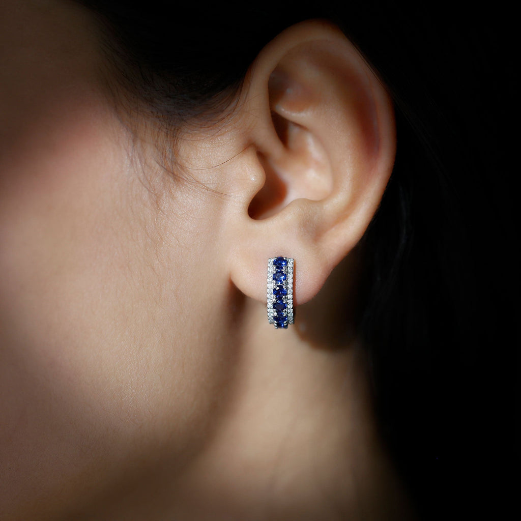 Lab Grown Blue Sapphire Half Hoop Earrings with Moissanite