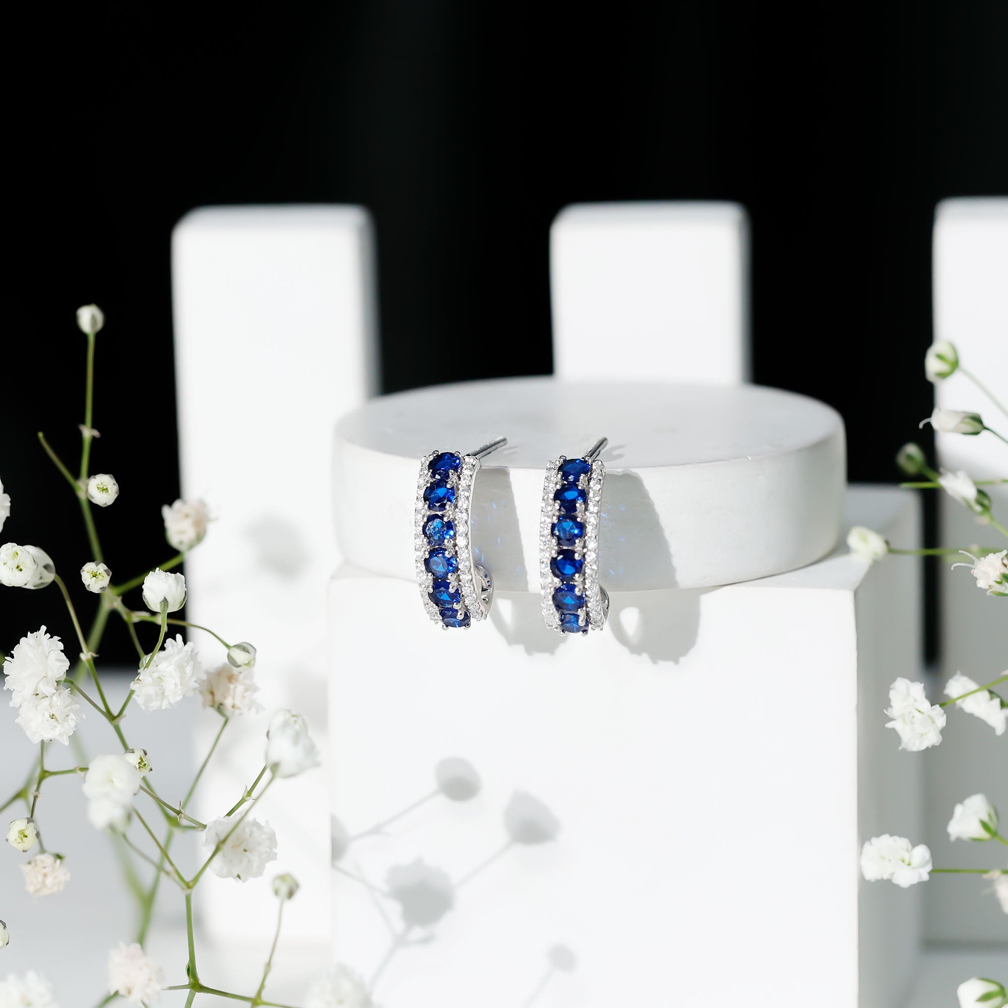 Lab Grown Blue Sapphire Half Hoop Earrings with Moissanite