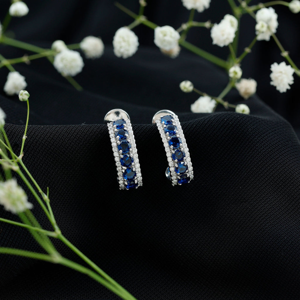 Lab Grown Blue Sapphire Half Hoop Earrings with Moissanite