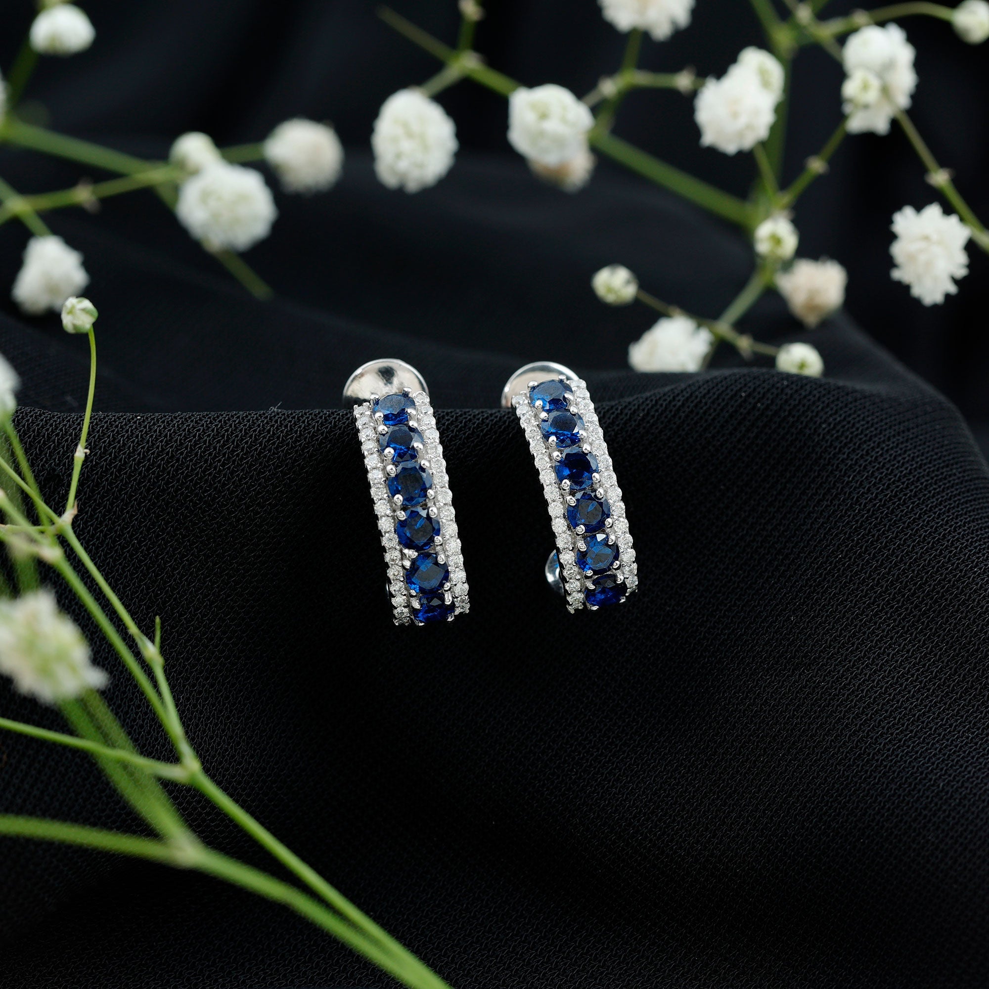 Lab Grown Blue Sapphire Half Hoop Earrings with Moissanite