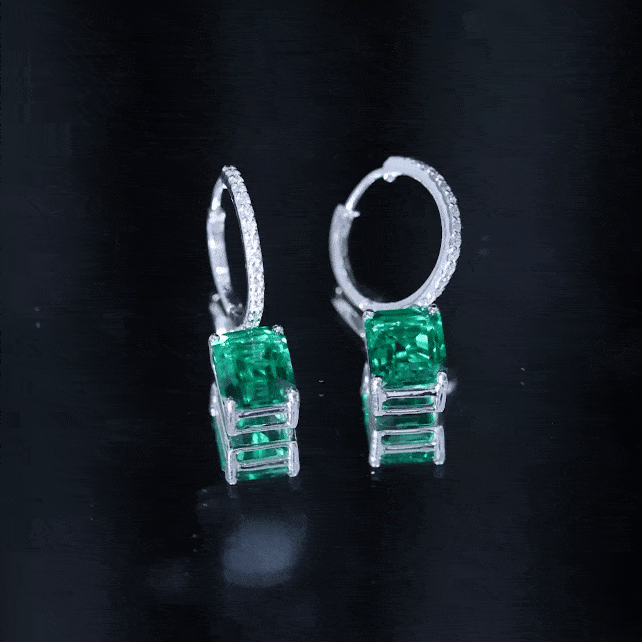 Certified Lab Created Emerald Hoop Drop Earrings in Silver