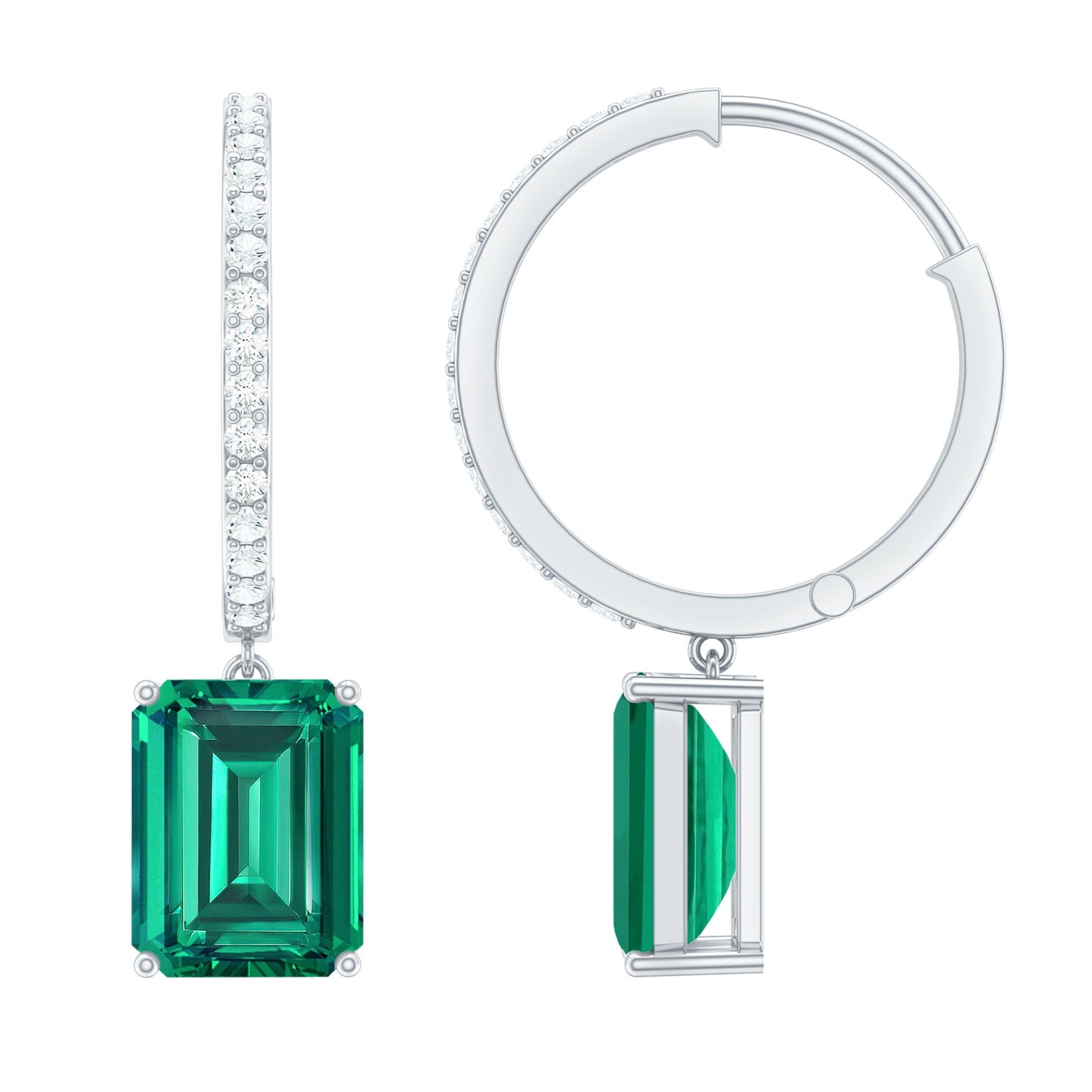 Certified Lab Created Emerald Hoop Drop Earrings in Silver