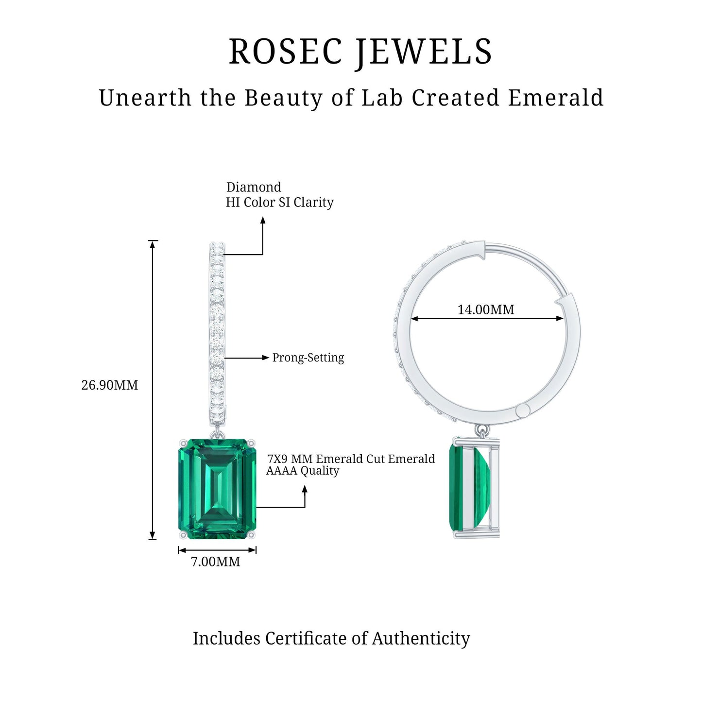 Certified Lab Created Emerald Hoop Drop Earrings in Silver