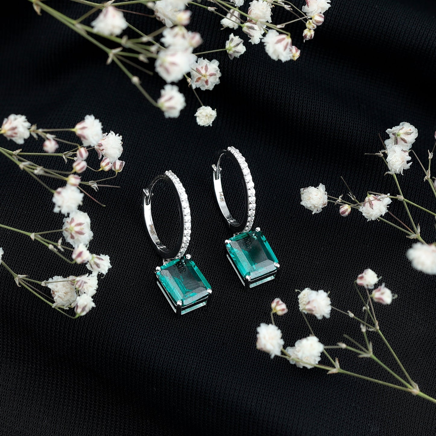 Certified Lab Created Emerald Hoop Drop Earrings in Silver