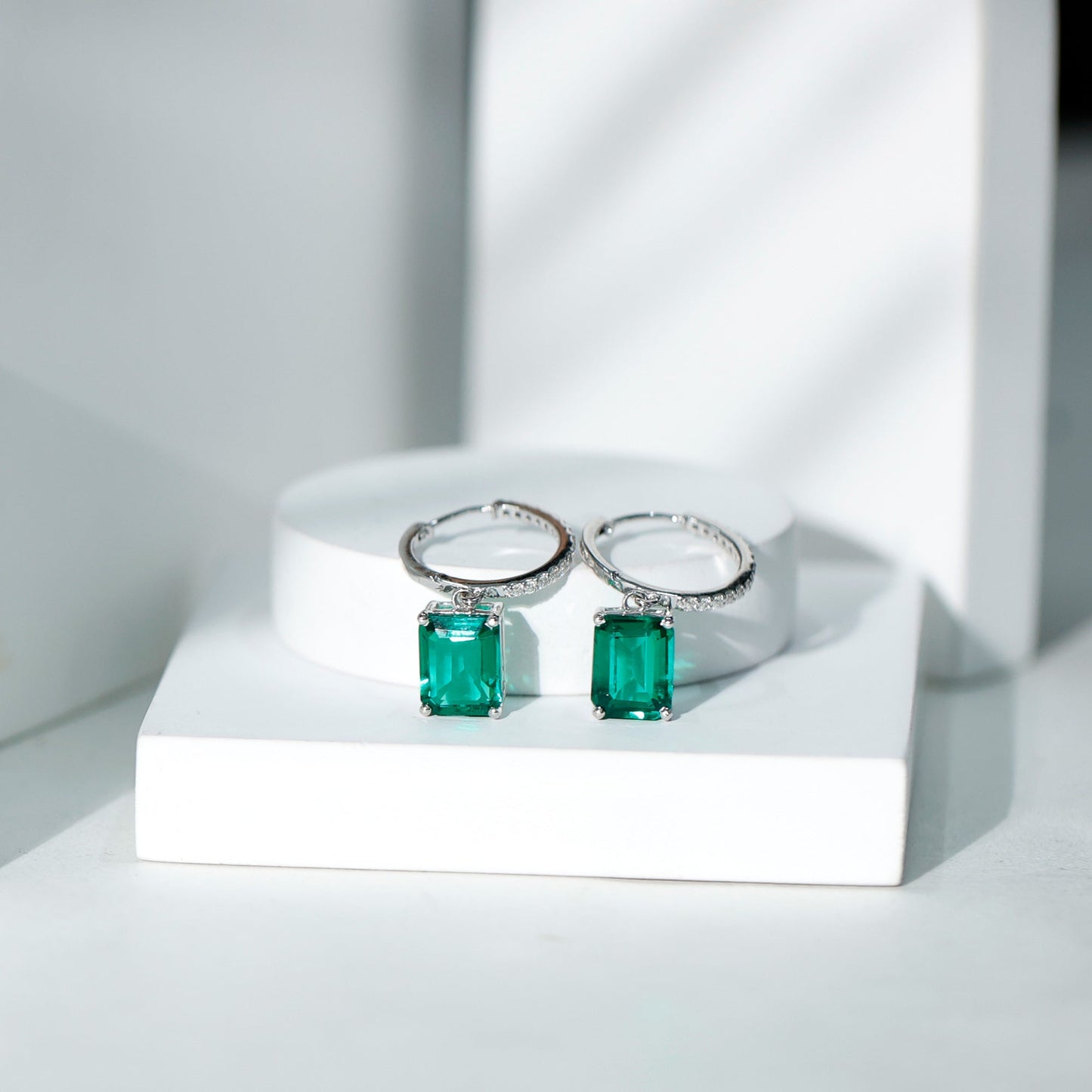 Certified Lab Created Emerald Hoop Drop Earrings in Silver