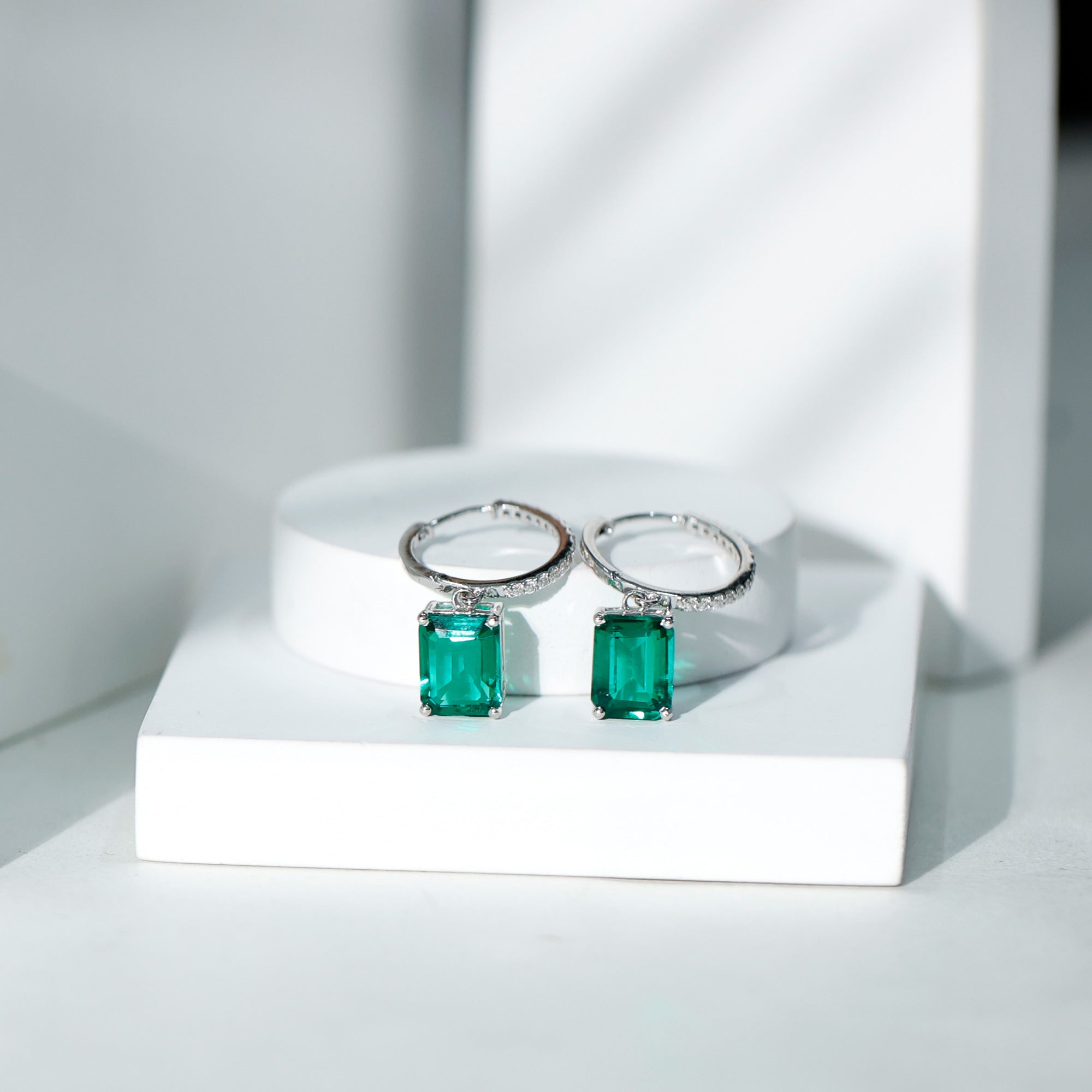 Certified Lab Created Emerald Hoop Drop Earrings in Silver