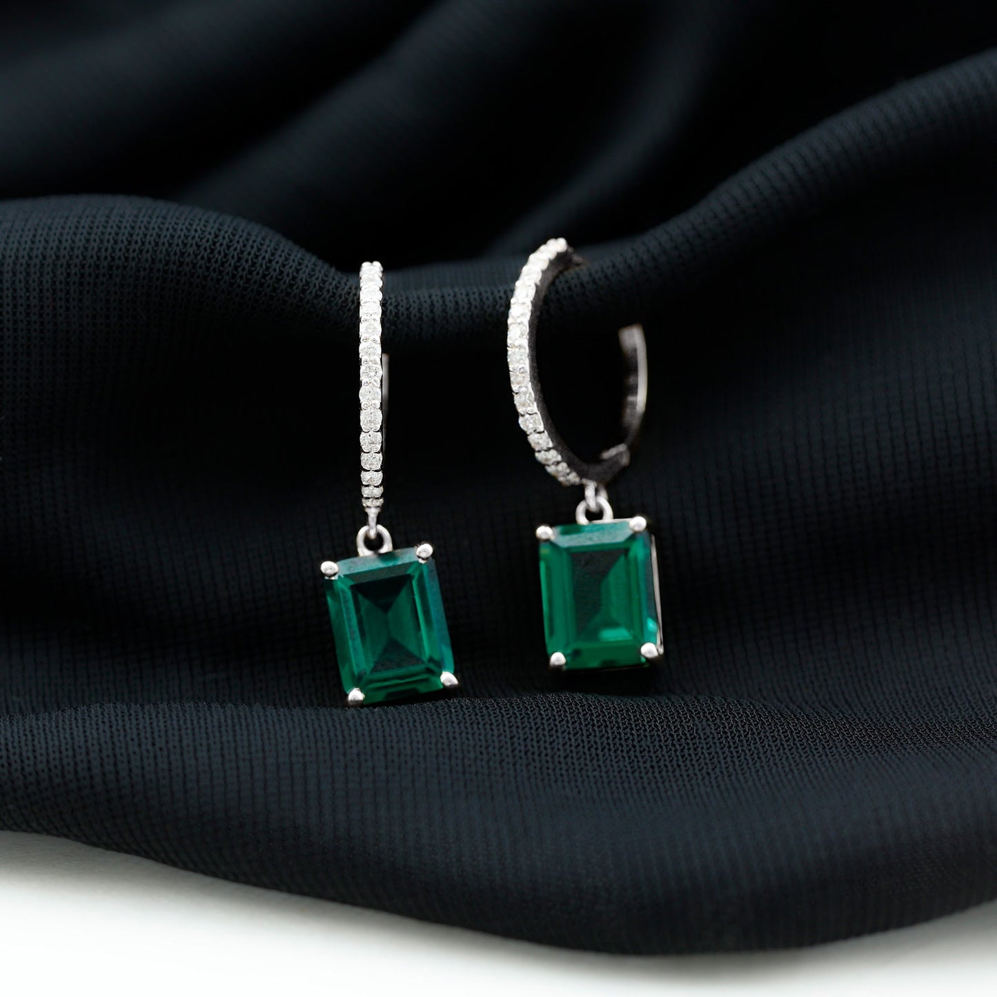 Certified Lab Created Emerald Hoop Drop Earrings in Silver