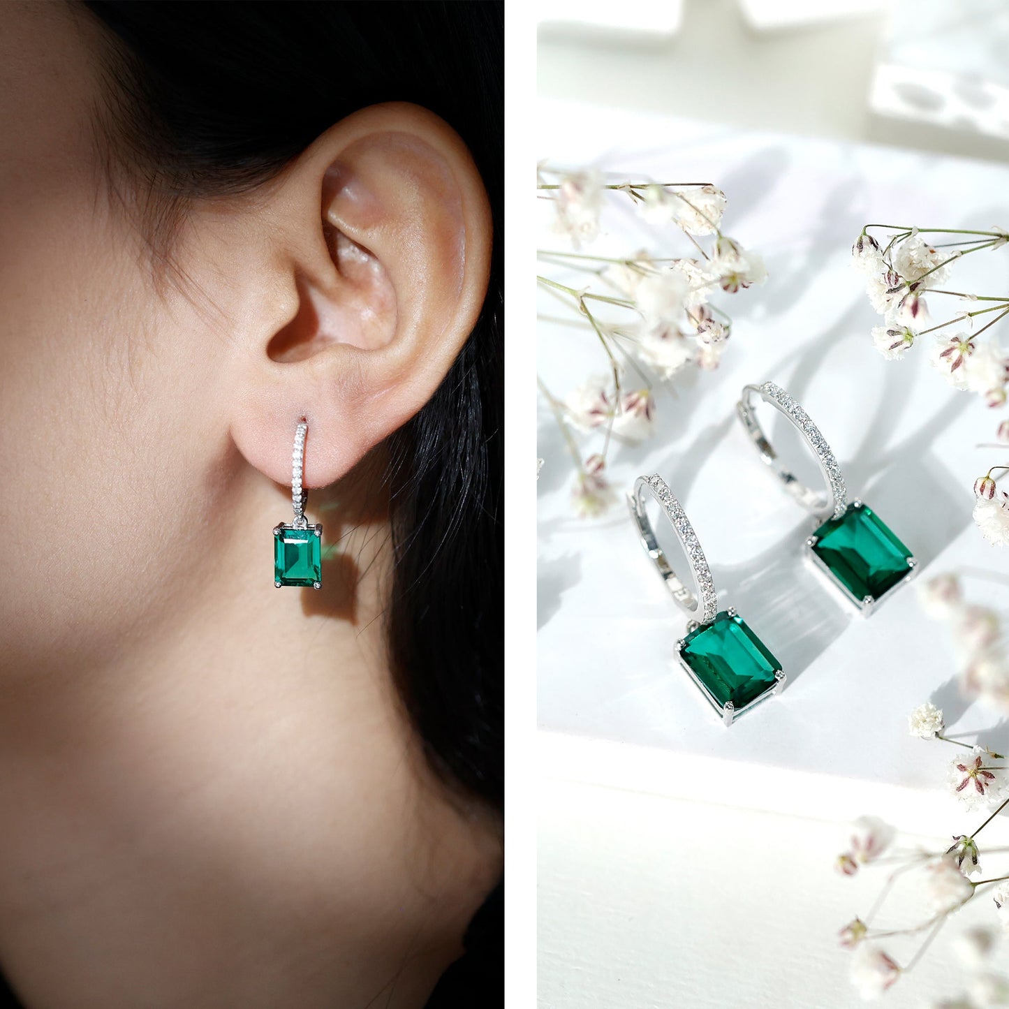 Certified Lab Created Emerald Hoop Drop Earrings in Silver