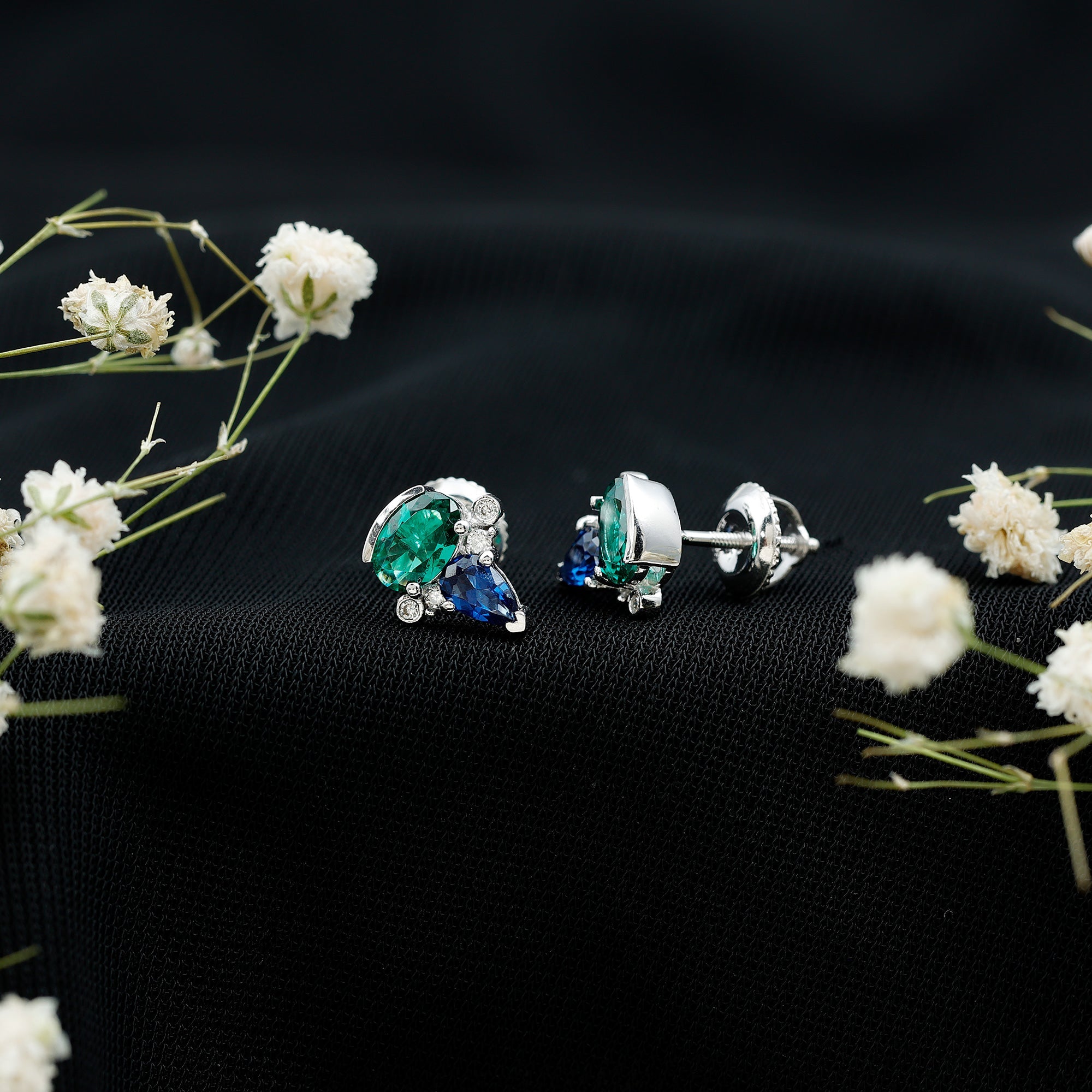 Lab Grown Emerald and Sapphire Vintage Stud Earrings