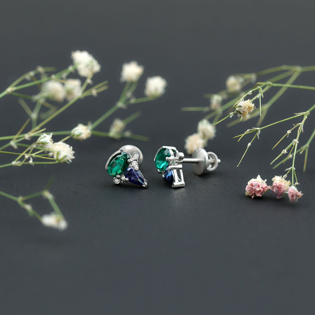 Lab Grown Emerald and Sapphire Vintage Stud Earrings