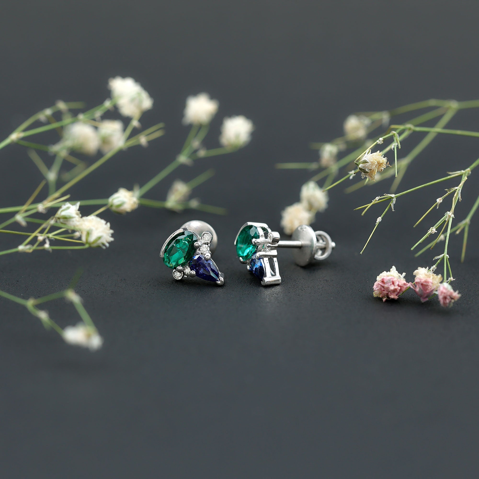 Lab Grown Emerald and Sapphire Vintage Stud Earrings