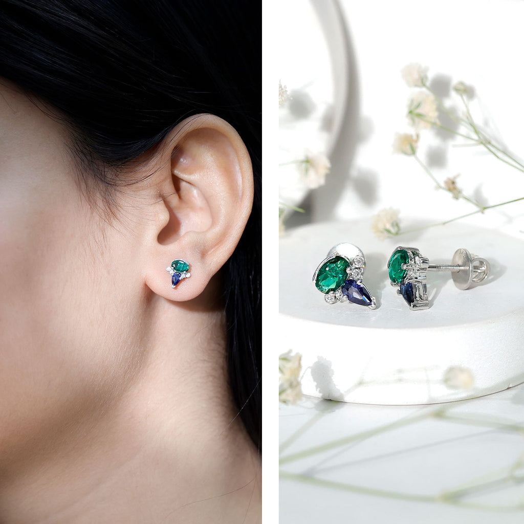 Lab Grown Emerald and Sapphire Vintage Stud Earrings