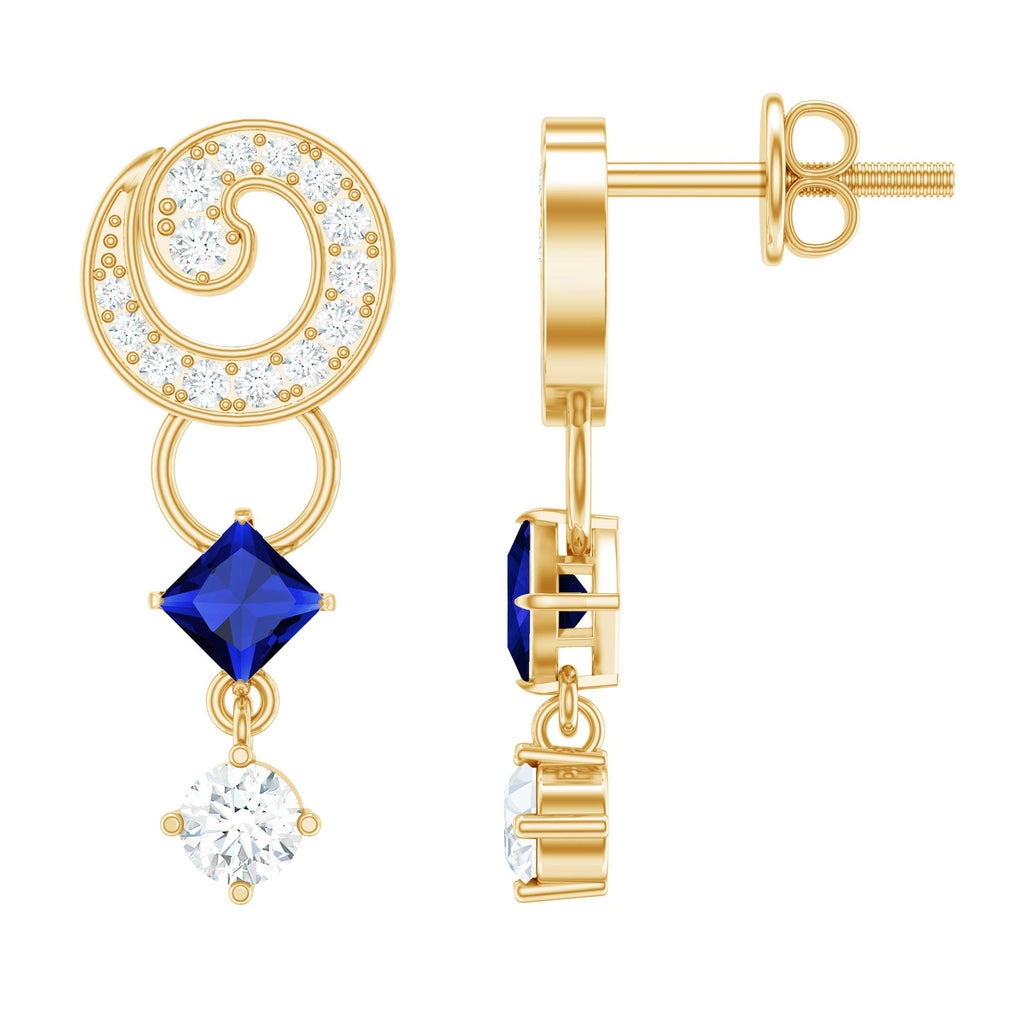 Lab Grown Blue Sapphire and Diamond Wedding Dangle Earrings