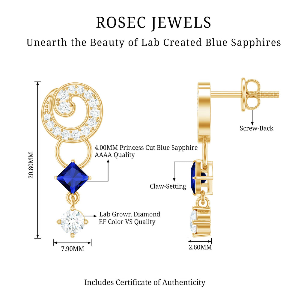 Lab Grown Blue Sapphire and Diamond Wedding Dangle Earrings