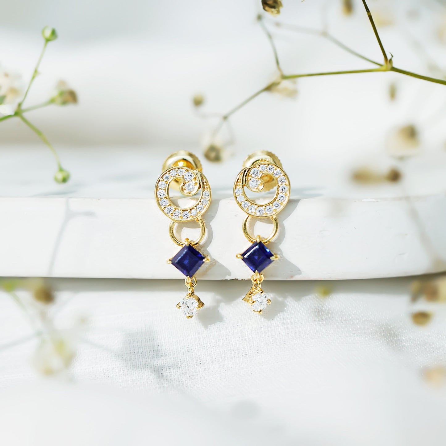 Lab Grown Blue Sapphire and Diamond Wedding Dangle Earrings