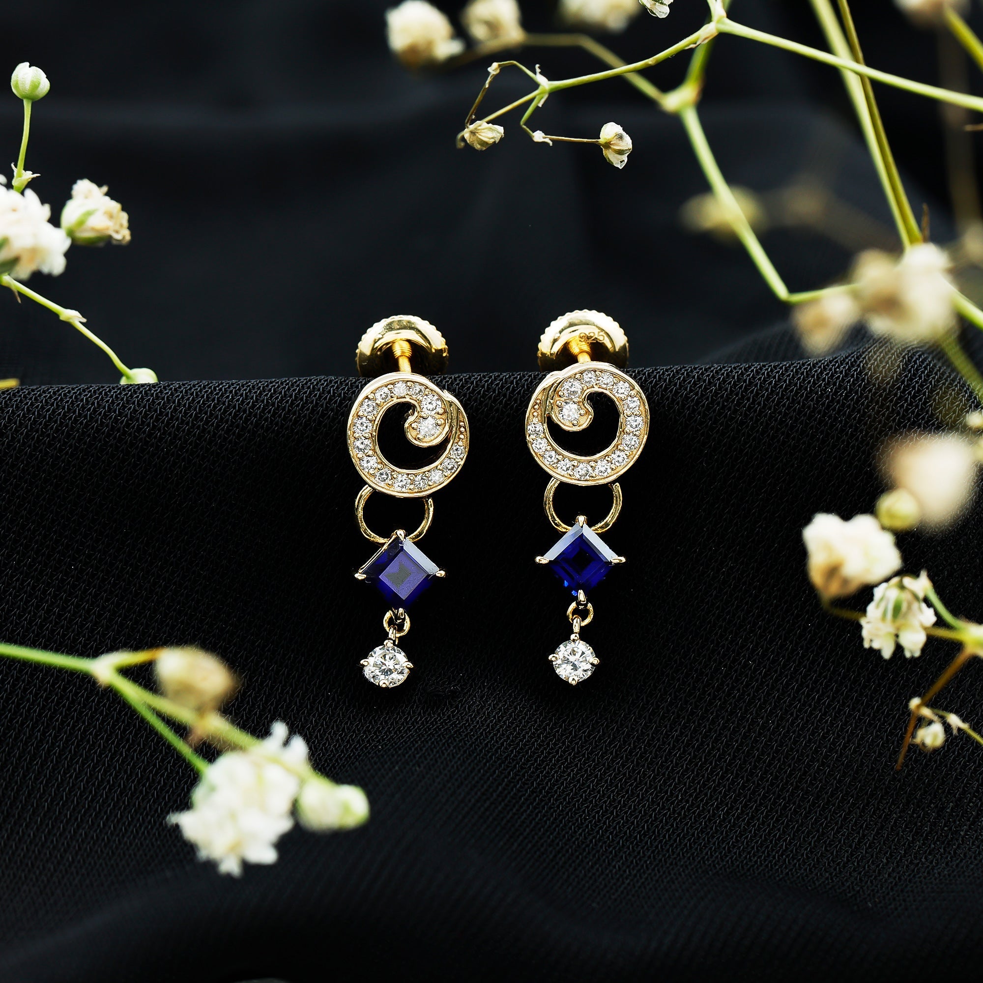 Lab Grown Blue Sapphire and Diamond Wedding Dangle Earrings