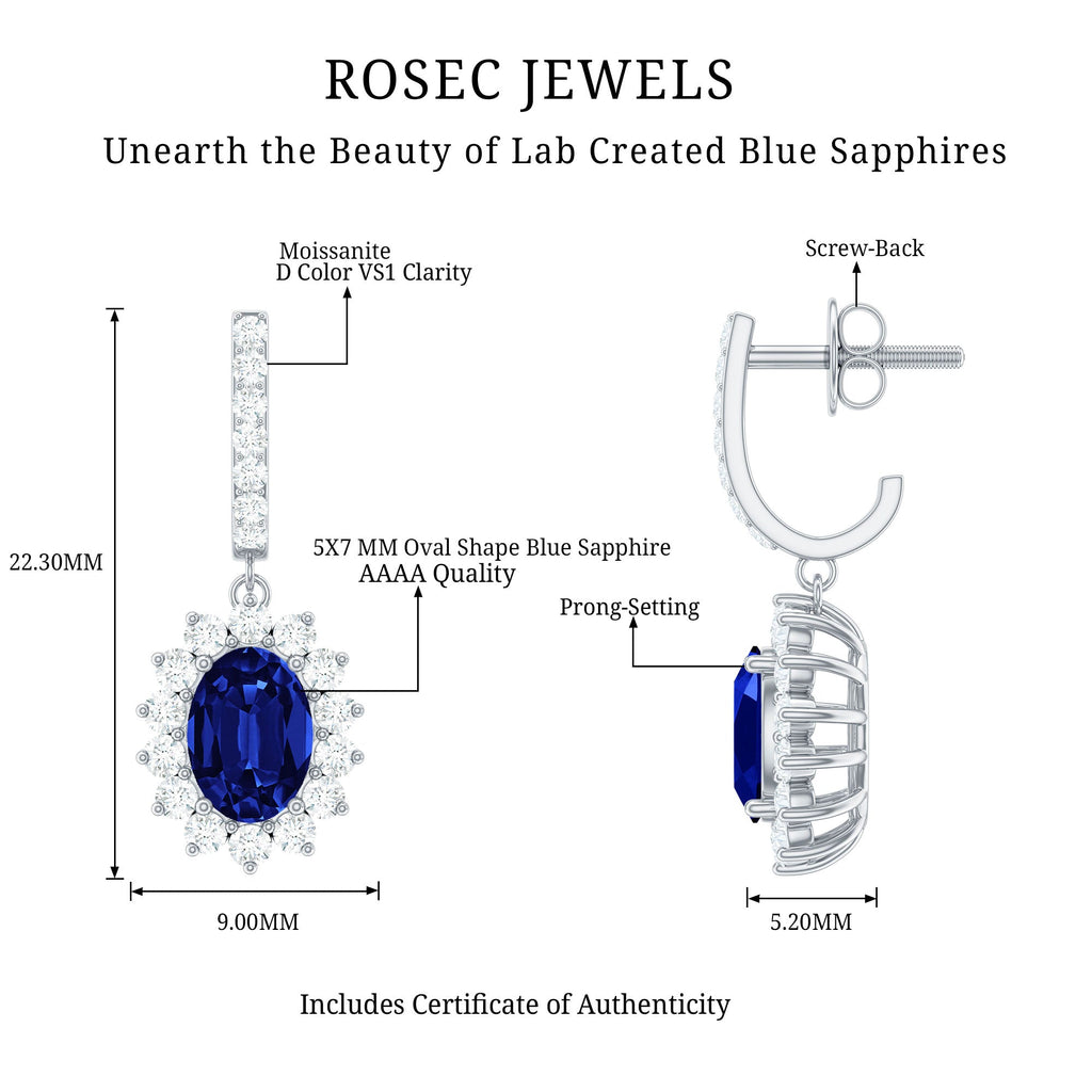 Lab Grown Blue Sapphire Princess Diana Inspired Earrings with Moissanite