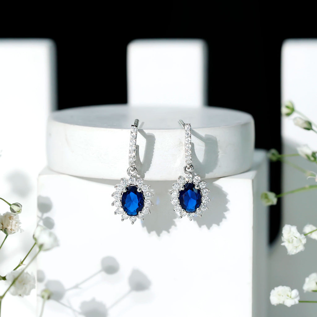 Lab Grown Blue Sapphire Princess Diana Inspired Earrings with Moissanite