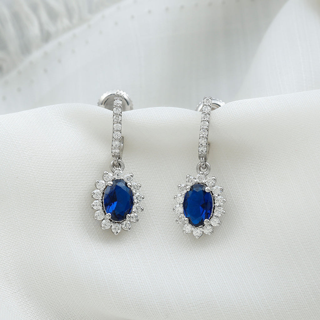 Lab Grown Blue Sapphire Princess Diana Inspired Earrings with Moissanite