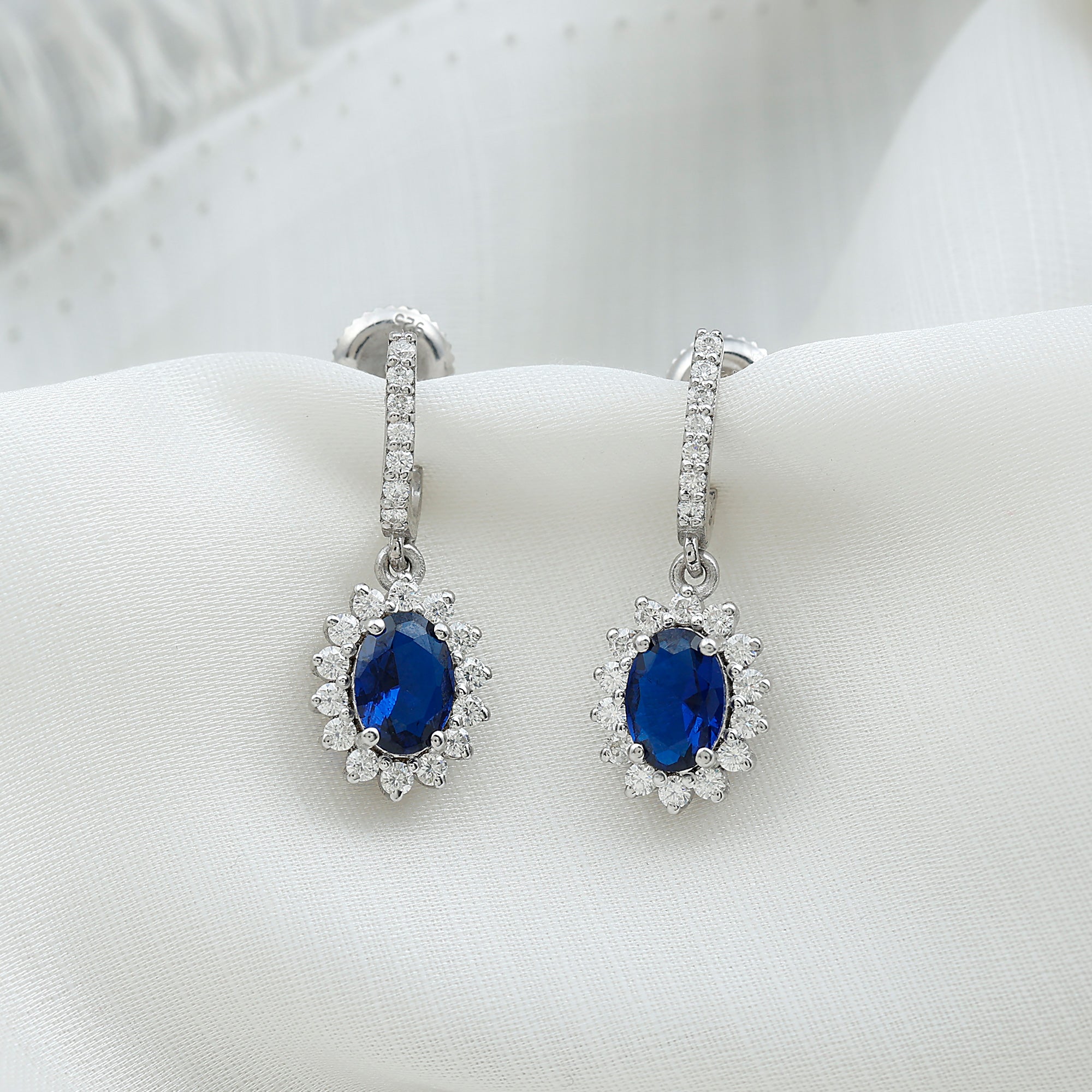 Lab Grown Blue Sapphire Princess Diana Inspired Earrings with Moissanite