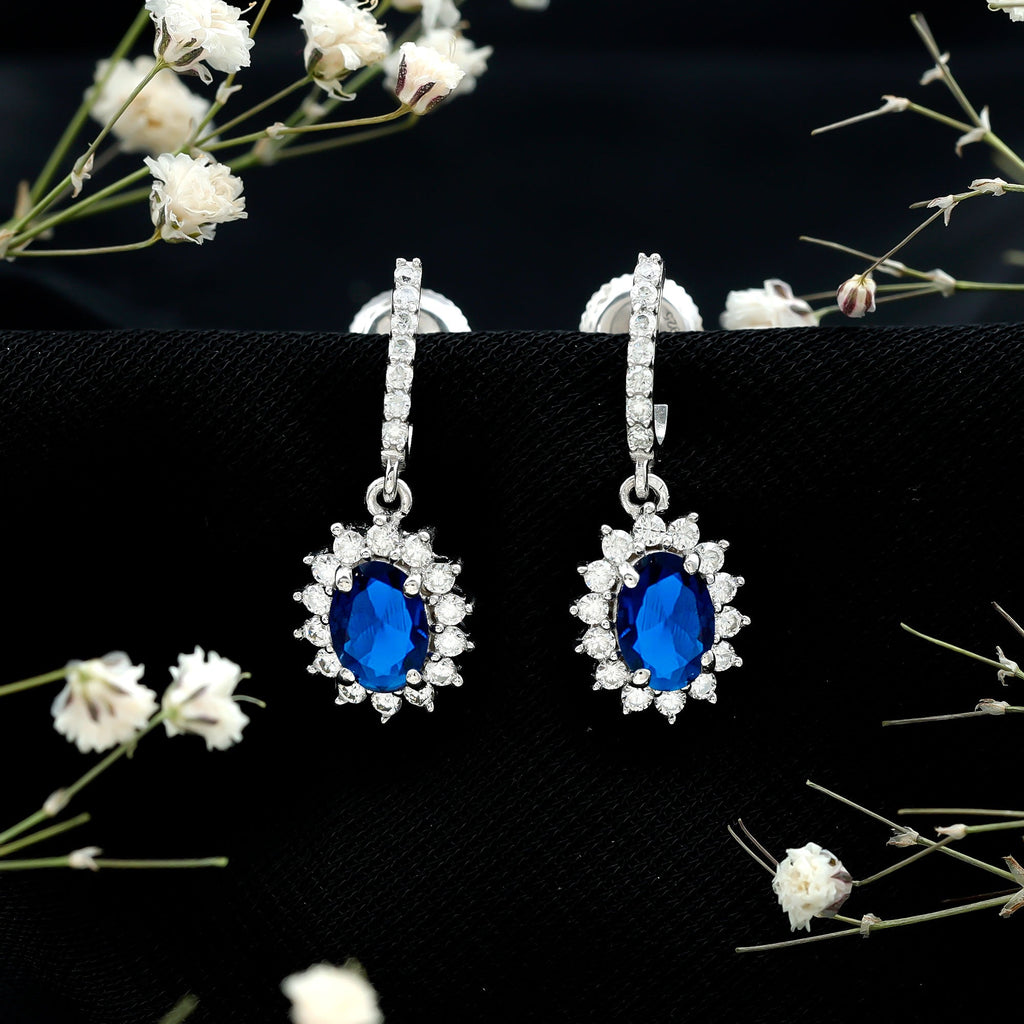 Lab Grown Blue Sapphire Princess Diana Inspired Earrings with Moissanite