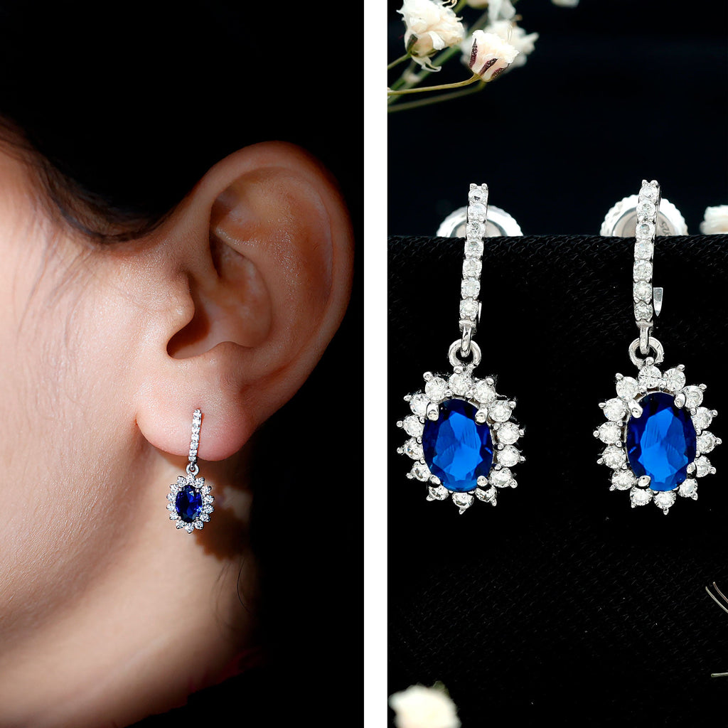 Lab Grown Blue Sapphire Princess Diana Inspired Earrings with Moissanite