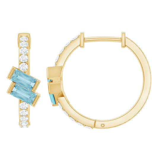 Natural Baguette Shape Sky Blue Topaz Diamond Hoop Earrings