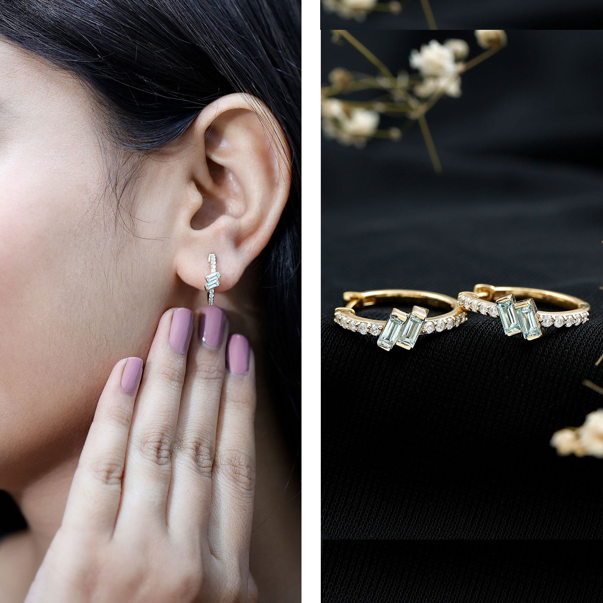 Natural Baguette Shape Sky Blue Topaz Diamond Hoop Earrings