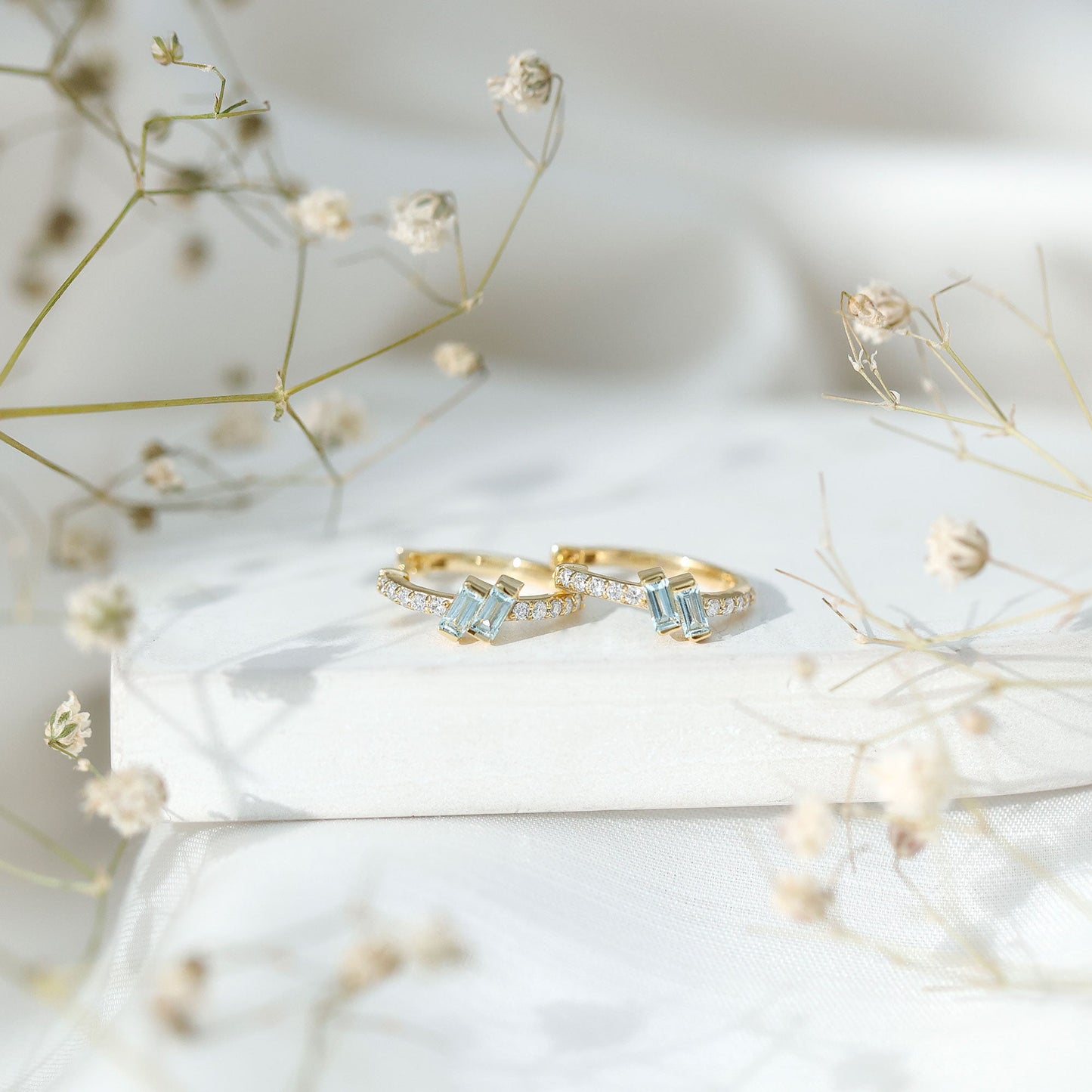 Natural Baguette Shape Sky Blue Topaz Diamond Hoop Earrings